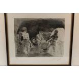 Paul Rumsey (B1956), figures in a mine, signed lithograph, numbered 51/250, titled indistinctly