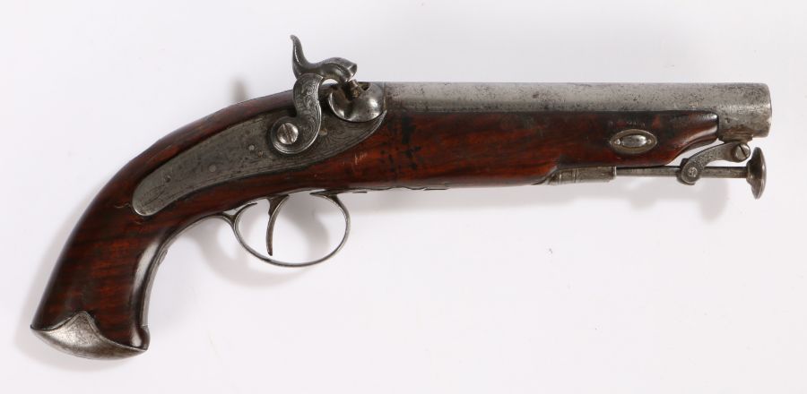 19th century percussion belt pistol, lock signed but rubbed, last part appears to read 'Wood & Son',