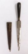 A 19th century hunting dagger, steel double edged stilleto blade, polished horn handle, held in