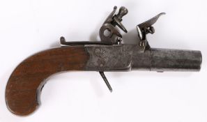 18th century Flintlock Box Lock Pocket Pistol by Busby, signed engraved lock, turn off barrel,