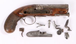 19th century flintlock pocket pistol, octagonal barrel, chequered grip, with replacement