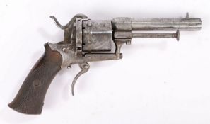 19th century six shot pinfire revolver, folding trigger, hinged loading gate to one side, side