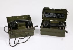 Pair of British army Telephone Set 'J' field communication telephones, stores reference YA 7815,