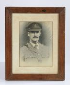 Framed First World War pencil drawing of a British Officer of the Norfolk Yeomanry (Kings Own