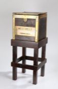 British army Mess Bills strong box, brass bound plywood box, letter box opening to lid, plaque reads