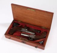 19th century matched pair of cased Irish boxlock percussion pistols, no maker marks but marked 'D-