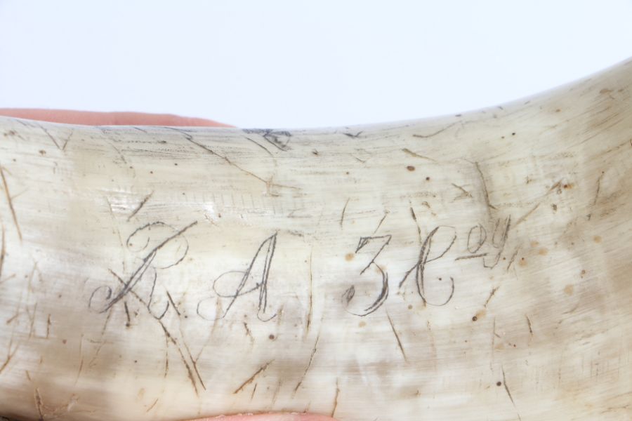 18th/19th century powder horn, made from cow horn it is engraved along its length with the Royal - Image 3 of 7