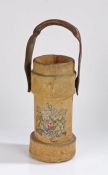 Leather artillery powder charge carrier, with leather strap handle and Royal coat of arms, 31.5cm