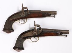 Pair of 19th century French Percussion Pistols, carved stock with chequred grip, brass trigger