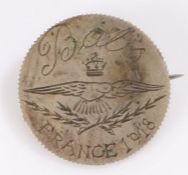 First World War Trench Art Sweetheart Pin, silver French coin has had the front rubbed smooth and