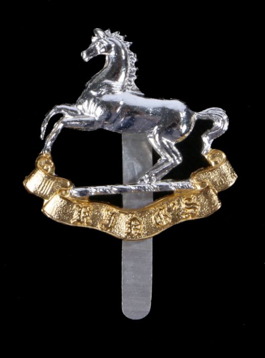 Scarce British army cap badge in anodised aluminium to the Kings Regiment, slider to the reverse