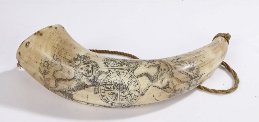 18th/19th century powder horn, made from cow horn it is engraved along its length with the Royal