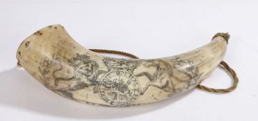 18th/19th century powder horn, made from cow horn it is engraved along its length with the Royal