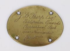 Brass trunk plate, inscribed 'J Sy Thorp Esq, Coldstream Guards, Chippenham Park near Newmarket,