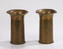 Pair of First World War trench art vases with flared rims, both are formed from British 18 Pdr shell