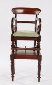 Victorian mahogany child's armchair on stand, the arched bar back above a drop in seat on turned