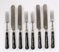19th Century eight piece cutlery set, with pique inlaid horn handles and steel blades with the