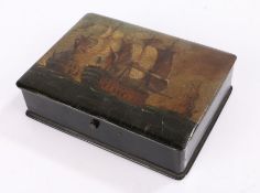 Large 19th Century papier mache box, the hinged lid painted with British and French ships in battle,
