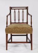 George III mahogany armchair, the neoclassical style back above a stuff over seat raised on square