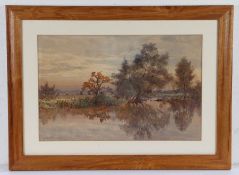 Albert Stevens, View of a water meadow at dusk, signed (lower-left), watercolour, 31cm x 47.5cm.