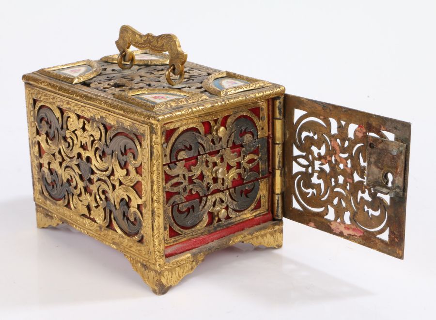 French 19th Century gilt metal casket/cabinet, the blind fret panels with a swing handle to the - Image 2 of 2