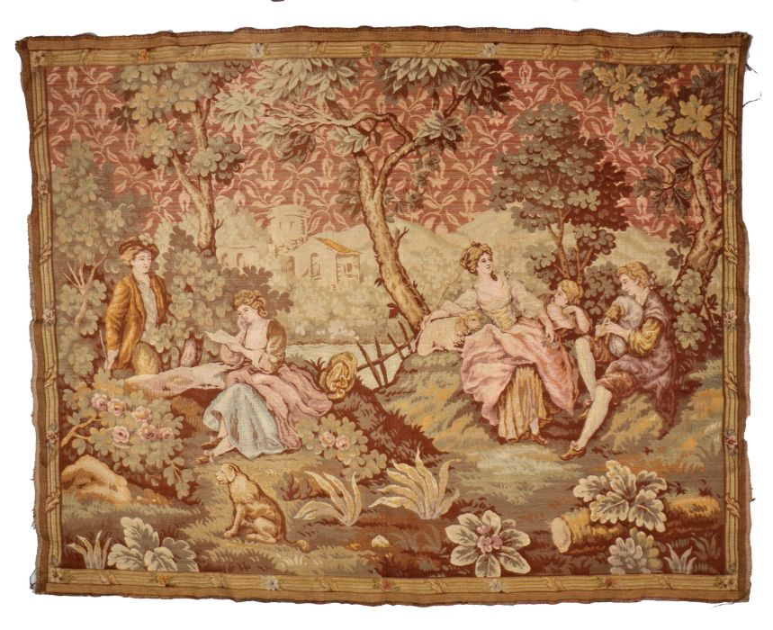 German wool and wirework wall hanging, depicting a figural 18th Century scene among trees and a
