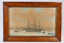 Early 19th Century Naval watercolour at Malta, of a ship with three masts, smaller vessels around