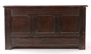 Mid 17th Century joined oak coffer with drawer, circa 1640, the hinged rectangular three panelled