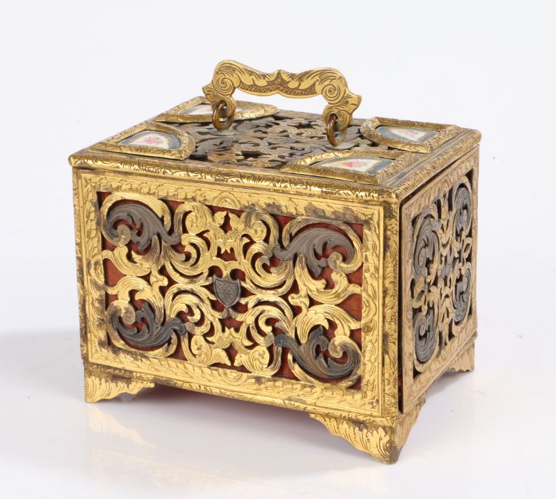 French 19th Century gilt metal casket/cabinet, the blind fret panels with a swing handle to the
