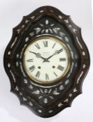 Late 19th Century French ebonised, wire and mother of pearl inlaid vineyard wall clock, the white