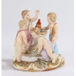 Meissen porcelain figural group, with four putto around a fire on a plinth, the underside of the