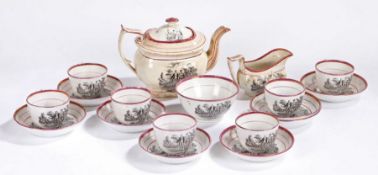 19th Century purple lustre tea set, to include black transfer decorated courting scenes, to each