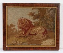 Victorian woolwork panel, of a reclining lion among tress, 28cm x 23cm