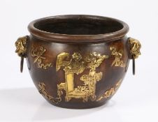 Chinese bronze censer, with dog of fo cast handles, the body with gilt decoration depicting a