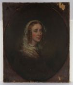 British 19th Century school, of a lady with lace bonnet and curled hair, unsigned oil on canvas,