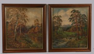 John Bonny (1874-1948), pair of riverside landscape scenes, oil on canvas, one with initials, housed