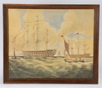 19th Century Primitive school painting, of galleons at sea and smaller boats nearby, initials to the