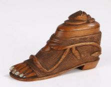 19th Century novelty snuff box, the carved wooden body modelled as a sandal clad foot with mother of