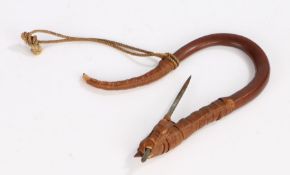 19th Century North American Northwest Coast bentwood Halibut Hook, Makah, cedar bark wrapping and