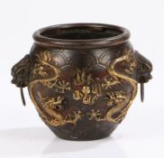Chinese bronze censer, with dog of fo cast handles, the body with gilt dragon decoration, with