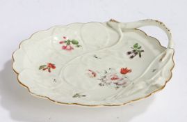 19th Century porcelain dish, the dish moulded as a leaf with polychrome painted flowers and a stem