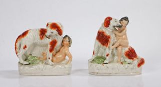 Pair of 19th Century Staffordshire porcelain figures, depicting a dog protecting a naked child