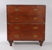 19th Century padouk wood military campaign chest, the rectangular top with brass fittings above