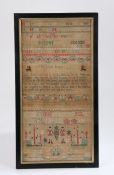18th Century sampler, depicting a lower and upper case alphabet and numerals, above THE LORDS