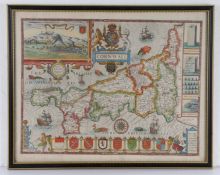 John Speed, (1552-1629) Cornwall, hand coloured map, Described by the Travills of John Norton
