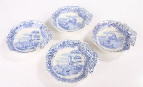 Set of four 19th Century Copeland Spode dishes, each with a blue and white transfer decorated in