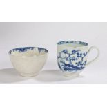18th Century Worcester porcelain, a single cup in blue and white depicting a pagoda near a rocky