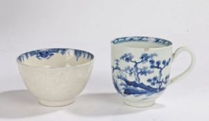 18th Century Worcester porcelain, a single cup in blue and white depicting a pagoda near a rocky