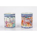 Two late 18th Century Chinese export porcelain tankards, the first with three figures and a child to