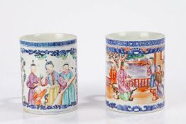 Two late 18th Century Chinese export porcelain tankards, the first with three figures and a child to